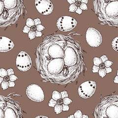 Hand drawn easter eggs, basket with eggs seamless pattern. Easter background. Vector illustration. Hand drawn sketch. Design template. Vintage engraved style.