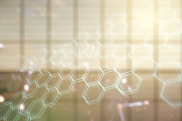 Obraz premium Abstract virtual wireless technology hologram with hexagon on modern interior background, artificial intelligence and machine learning concept. Multi exposure