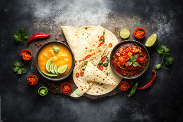 Delicious Bowls of tasty salsa sauces with tortilla on grunge background