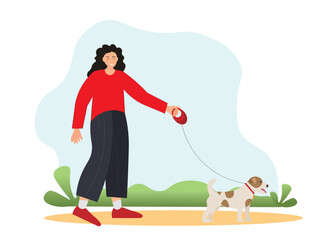 Person walking with dog, dog walking service, domestic animals concept, healthy lifestyle concept, flat vector illustration