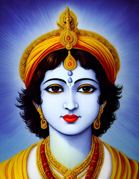 portrait of Krishna face new quality universal religion colorful stock image illustration design, Generative AI