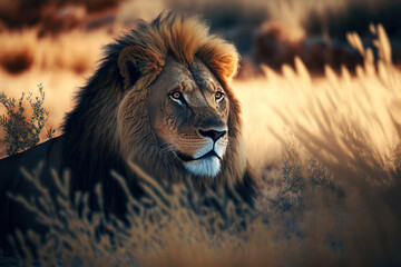Fototapeta na wymiar A male lion stalks his prey at afternoon.