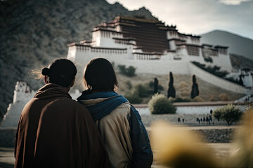 Generative AI Illustration of a couple of travelers looking at the potala palace of the Dalai Lama in Lasha Tibet - obrazy, fototapety, plakaty