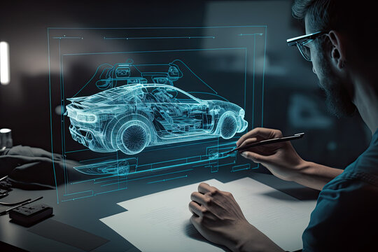 Generative AI Illustration of an engineer designing a car with virtual technology