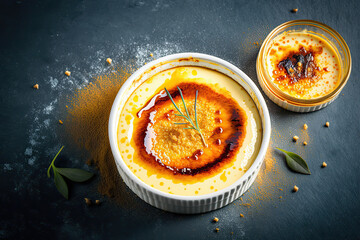 Delicious cream brulee or brule, traditional french vanilla cream dessert with caramelised sugar,