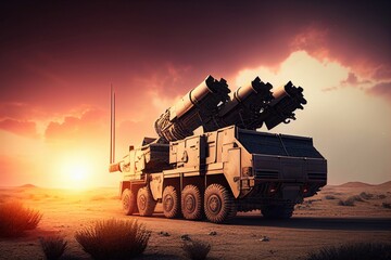 Fototapeta premium Anti-aircraft missile system. Rockets and shells. Special military equipment. Air Attack. All Terrain Vehicle, heavy vehicles. illustration, Generative AI