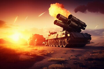 Fototapeta premium Anti-aircraft missile system. Rockets and shells. Special military equipment. Air Attack. All Terrain Vehicle, heavy vehicles. illustration, Generative AI