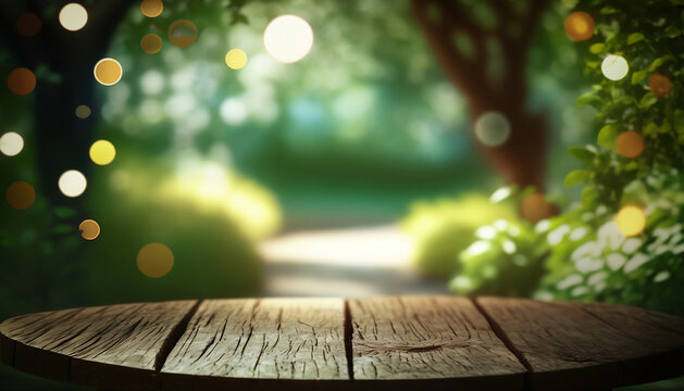 Spring Time - Blossoms On Wooden Table In Green Garden With Defocused Bokeh Lights And Flare Effect