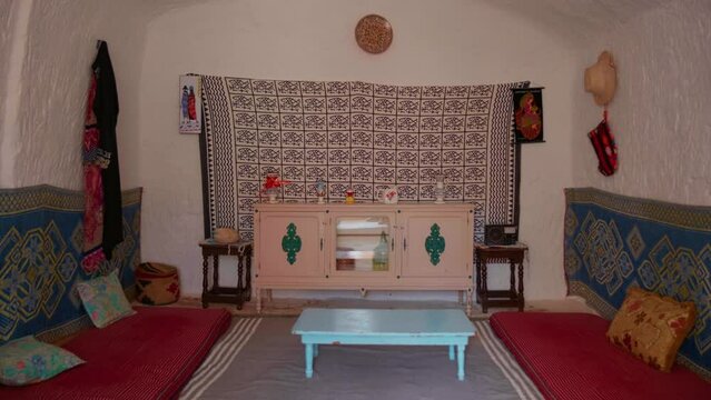 Inside of traditional old house inside livingroom Medina of Matmata. African traditional dwellings.