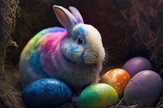 Bunter Hase in Regenbogenfarben mit Eiern
Generative Ai