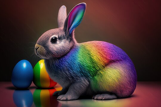 Bunter Hase in Regenbogenfarben mit Eiern
Generative Ai