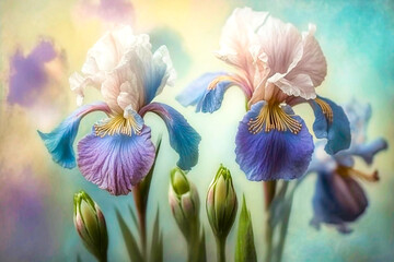 Fototapeta na wymiar pastel coloured irises growing in a meadow on a light blurred background. AI generativ.