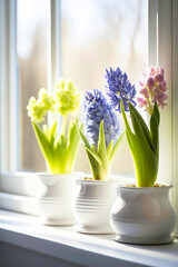 Obraz na płótnie Canvas Spring hyacinths in a vase on a light background. AI generativ.