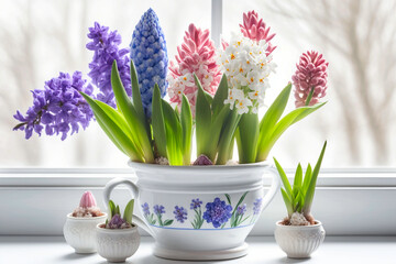 Fototapeta na wymiar Spring hyacinths in a vase on a light background. AI generativ.