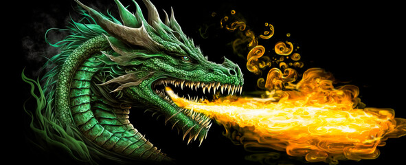 Green fire breathing dragon on black background.  Image created with generative ai.