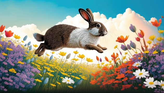Bunny jumping in the field of flowers. Generative ai.