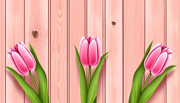 Pink tulips on a wooden surface, generative AI.