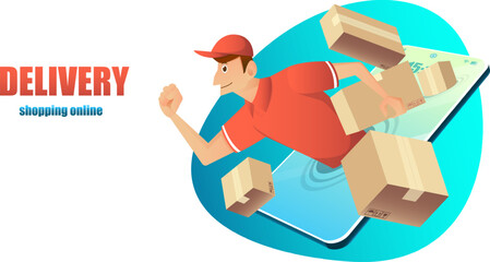 delivery man with parcel post box on mobile for shopping online,fast shipping online concept