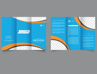 Tri-fold business brochure template. Blue and yellow waves. Vector file.