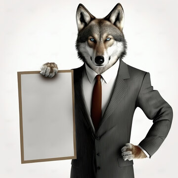 Grey wolf in business suite with empty clean sign board contain copy space. AI generative image.