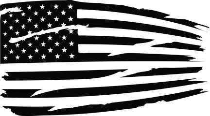 Distressed american flag black and white vector illustration.