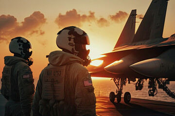 Military pilots near jet fighter at sunset. Military aviation. Created with Generative AI - obrazy, fototapety, plakaty