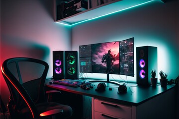 Immersive Gaming Space: Modern and Minimalist Room with Wide Angle Display and High-Tech Setup