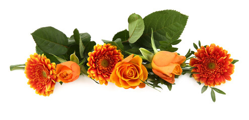 Border of Gerberas and Roses isolated on white background. Arrangement of orange flowers and leaves.