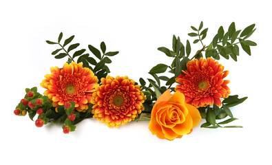Obraz na płótnie Canvas Border of Gerberas and Roses isolated on white background. Arrangement of orange flowers and leaves.