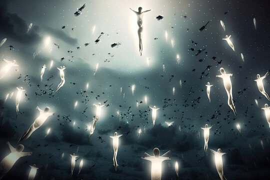 Levitating human souls in heaven. Astral body and after life concept. Transfer of human consciousness to another world. Created with Generative AI