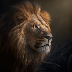 beautiful lion with big mane staring at a point
