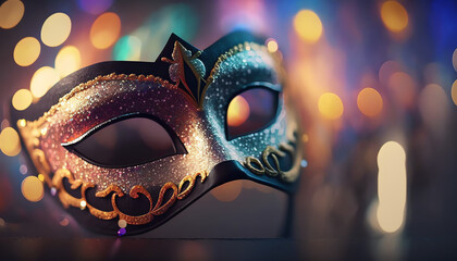 Carnival Party - Venetian Mask With Abstract Defocused Bokeh Lights On Shiny Streamers - Masquerade Disguise Concept