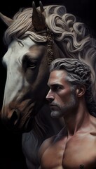 A wise portrait of Chiron, the centaur who taught many of the greatest heroes of Greek mythology, with the head of a horse, symbolizing his knowledge and guidance. Generative AI