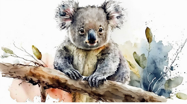 Koala bear watercolor illustration. Australia symbol. Cute koala bear on eucalyptus tree branch. Native australian animal bear. Grey wild australia endemic furry animal. On white background