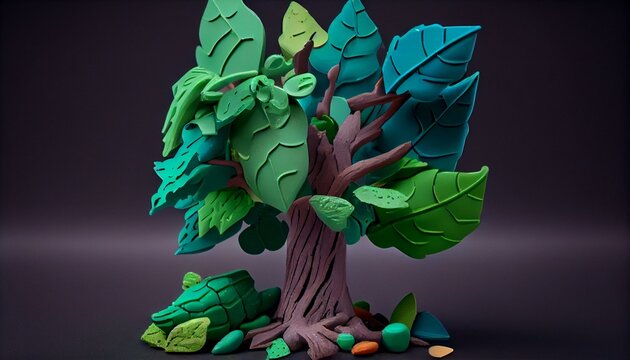 Children's toy, A plasticine tree with textured bark and leaves in different shades of green Generative AI