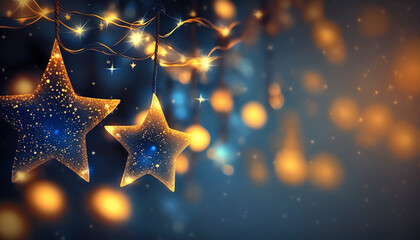 Fototapeta na wymiar Christmas Stars Lights - Golden String Hanging In Blue Background With Abstract Defocused Bokeh