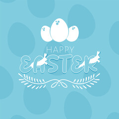 Simple congratulation card Happy easter. Bunnies are jumping through holes in letters 