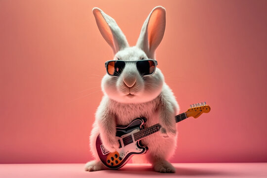Guitarist rabbit playing guitar wearing sunglasses looking at camera. Studio shot with pink background