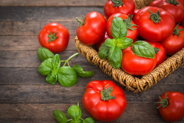 Fresh ripe tomatoes and basil on the wooden table
