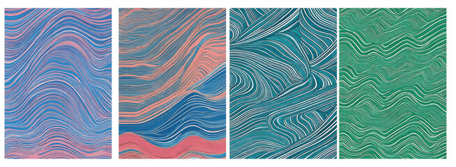 A set of backgrounds for text, landscape psychedelic hippie art, a frame of stylized waves. 