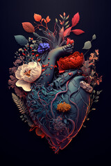Heart anatomy vintage illustration. Floral romantic anatomical heart. - obrazy, fototapety, plakaty