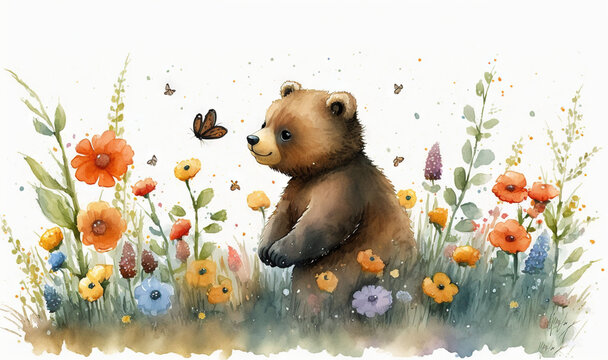  a brown bear sitting in a field of flowers and a butterfly.  generative ai