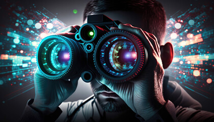 Man spying with high tech night vision binoculars. Sci-fi espionage.