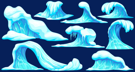 Frozen ocean high waves in north. Blue tsunami, sea storm, splash water in winter. Ice age. Aftermath of natural disaster. Set vector isolated elements for computer games.