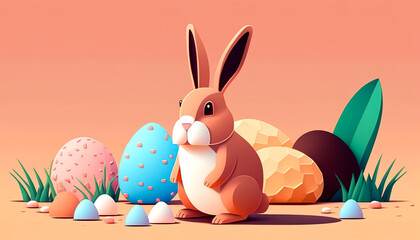 Easter bunny with colourful eggs. Generative AI.
