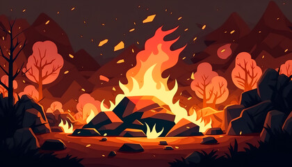 Fire in the forest, flames, generative AI.