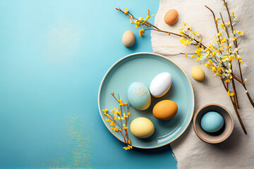Colorful easter eggs and spring flowers on blue background, top view, flat lay, Easter decoration, greeting, copy space, happy Easter, generative ai