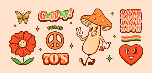 Groovy trippy retro cartoon set. Happy fly agaric mushroom, heart, flower and butterfly with 70s style lettering quotes for peace and love. Vector characters in trendy vintage comic style Isolated