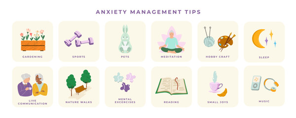 Anxiety help tips vector illustrations set. Ways to stress relief collection. Aged women mental health self treatment and anxiety management lifestyle elements Isolated