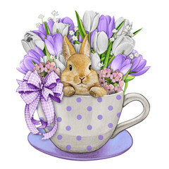 Watercolor hand drawn cute bunny in a tea cup